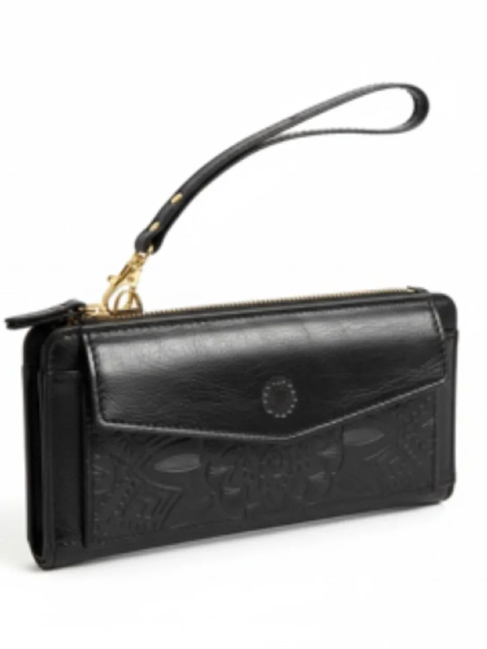 Black Embossed Leather Wallet With‎ Phone Holder 12 Credit Card Slots Wrist